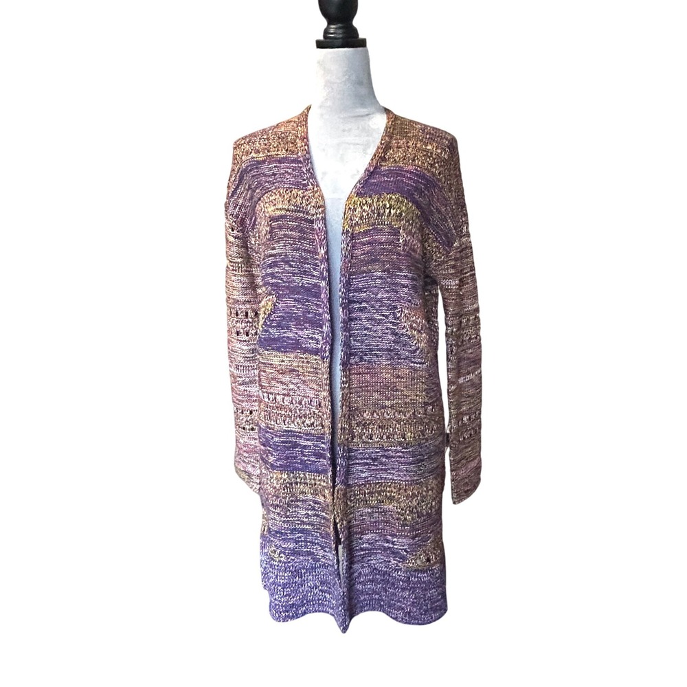 GAP Petite Striped Open Front Long Cardigan Sweater Purple Gold Size S - Picture 1 of 9